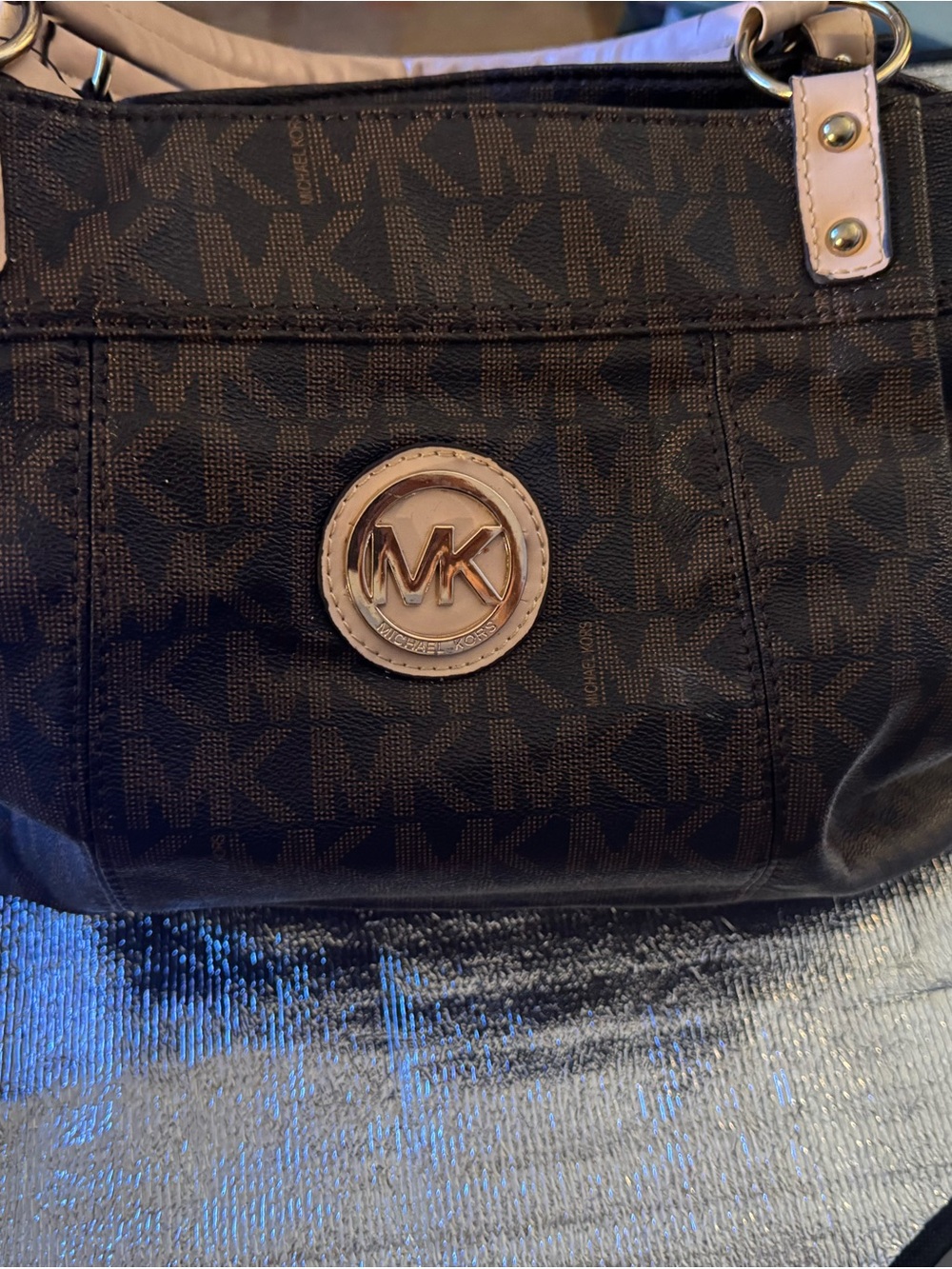 Michael Kors Black Messenger Bag with Beige Trim and MK Medallion